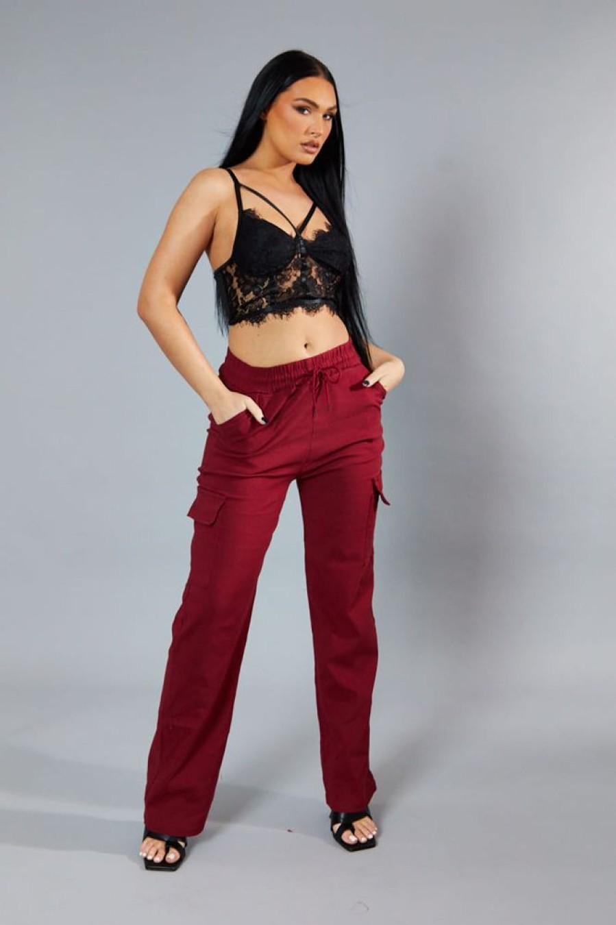 Clothing Rebellious Fashion | Burgundy Straight Leg Cargo Trousers - Rian