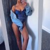 Clothing Rebellious Fashion | Denim Blue Lace Flower Bodysuit - Faylen