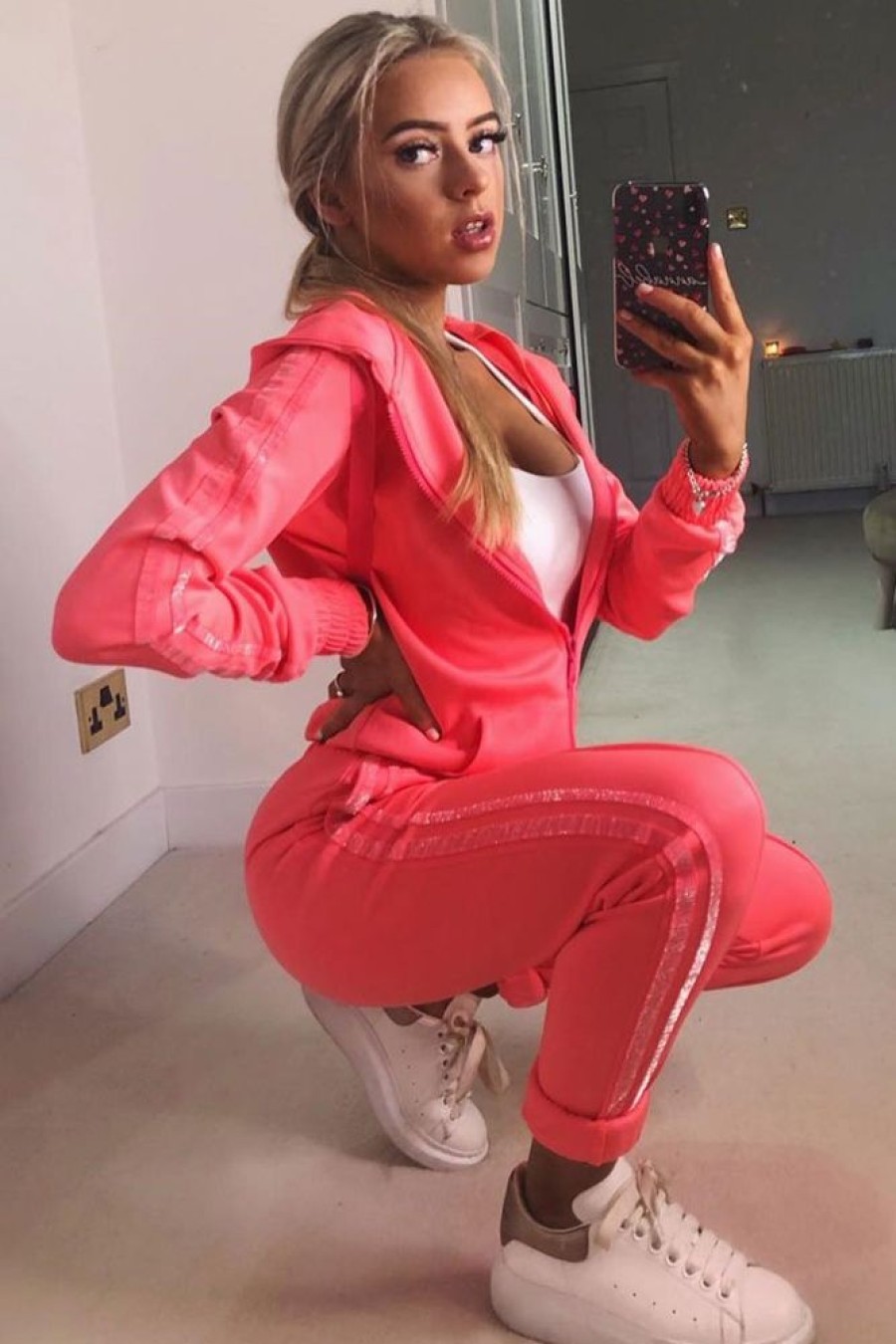 Clothing Rebellious Fashion | Neon Pink Glitter Side Stripe Crepe Tracksuit - Gionna