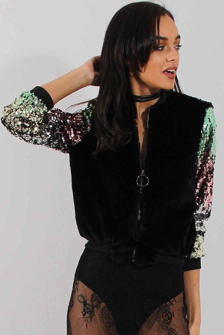 Clothing Rebellious Fashion | Black Faux Fur Sequined Bomber - Deana