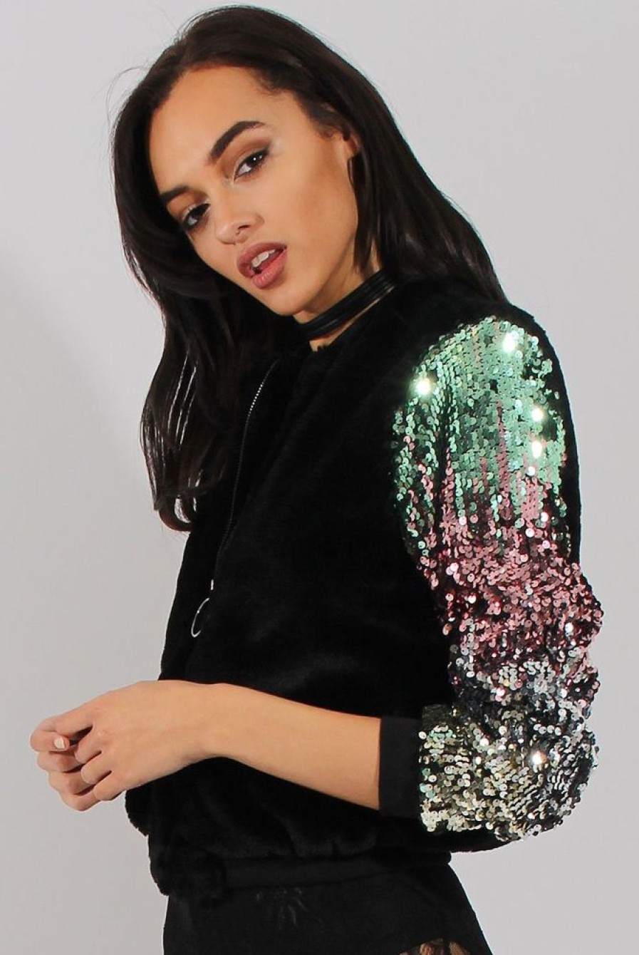 Clothing Rebellious Fashion | Black Faux Fur Sequined Bomber - Deana