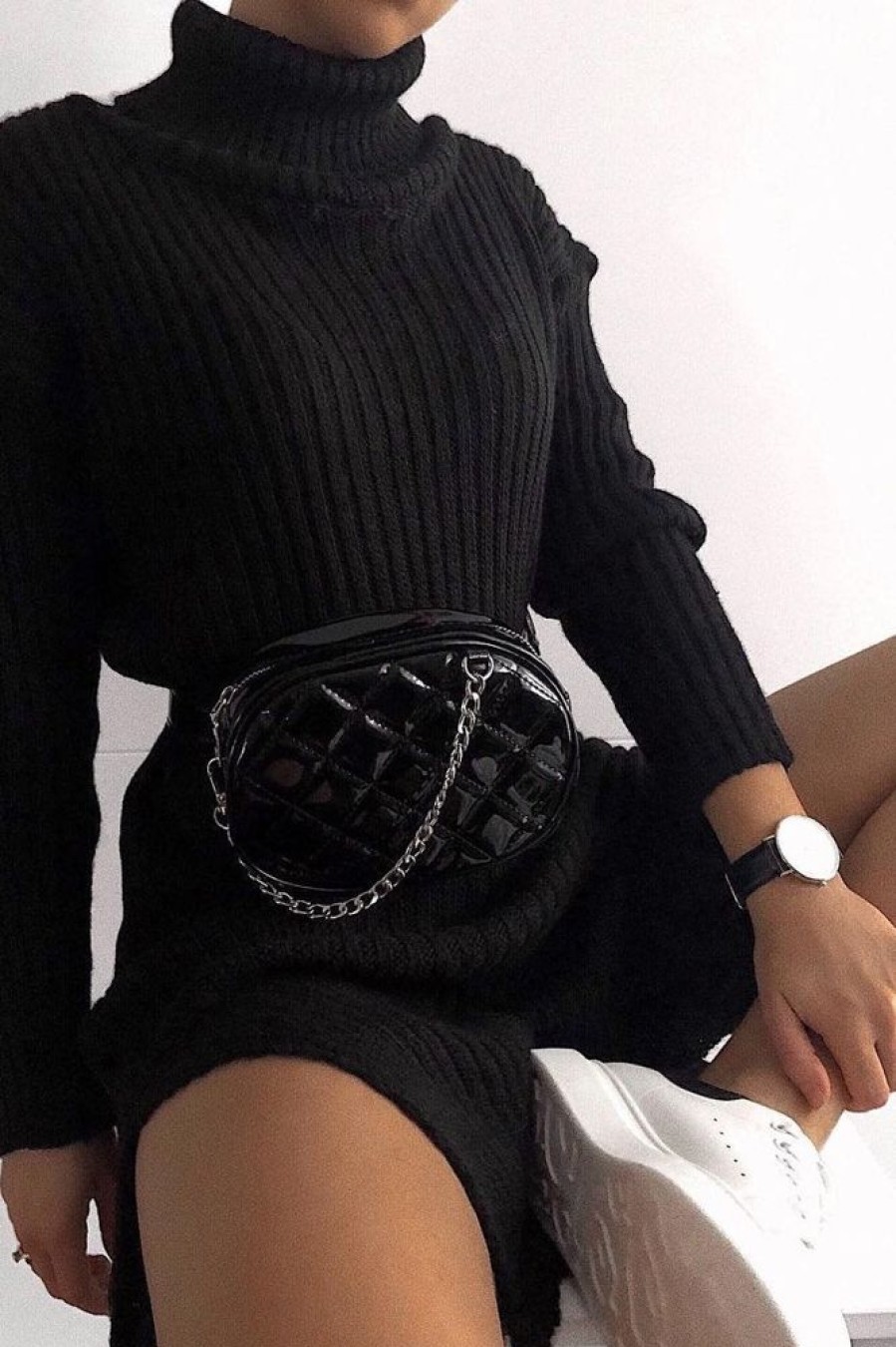 Clothing Rebellious Fashion | Black Knitted Roll Neck Jumper Dress - Cecily