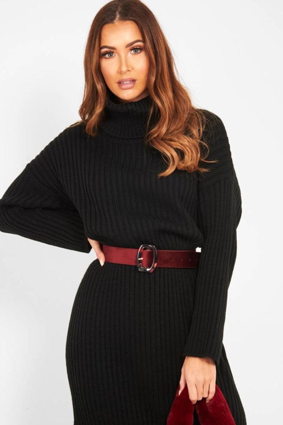 Clothing Rebellious Fashion | Black Knitted Roll Neck Jumper Dress - Cecily