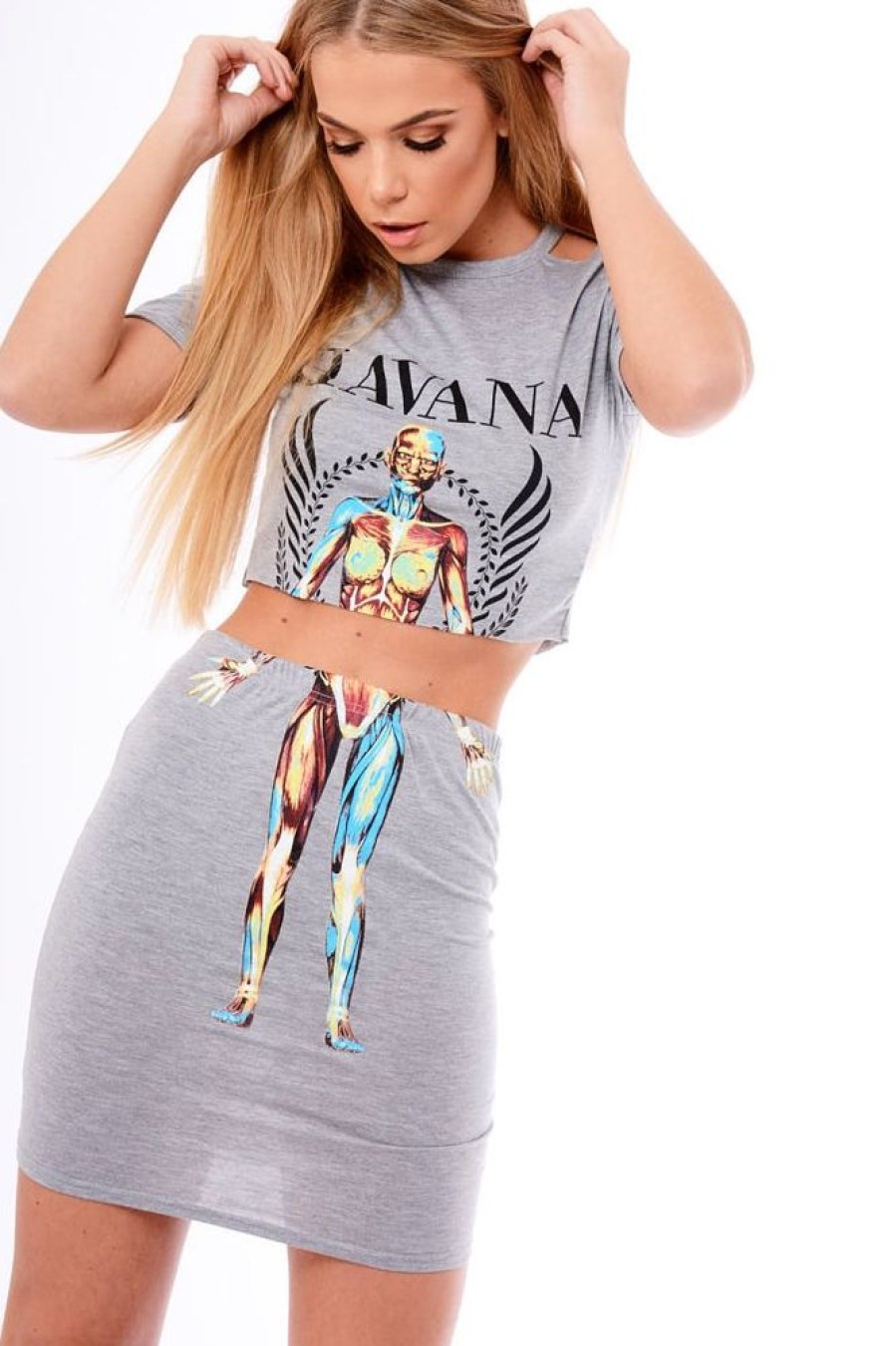 Clothing Rebellious Fashion | Grey Cut Out Shoulder 'Havana' Graphic Co-Ord - Olah