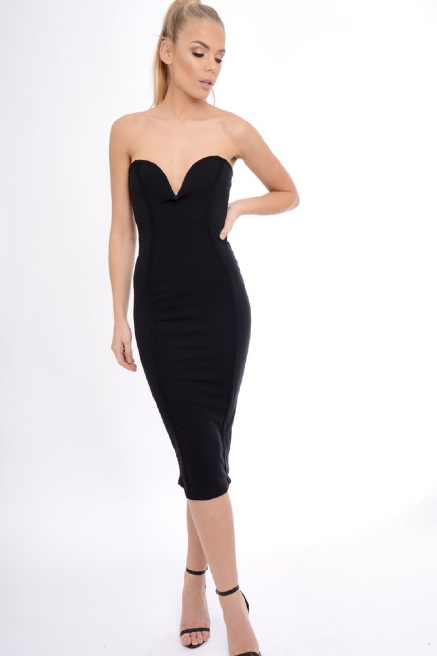 Clothing Rebellious Fashion | Black Plunge Bandeau Bodycon Midi Dress - Perry