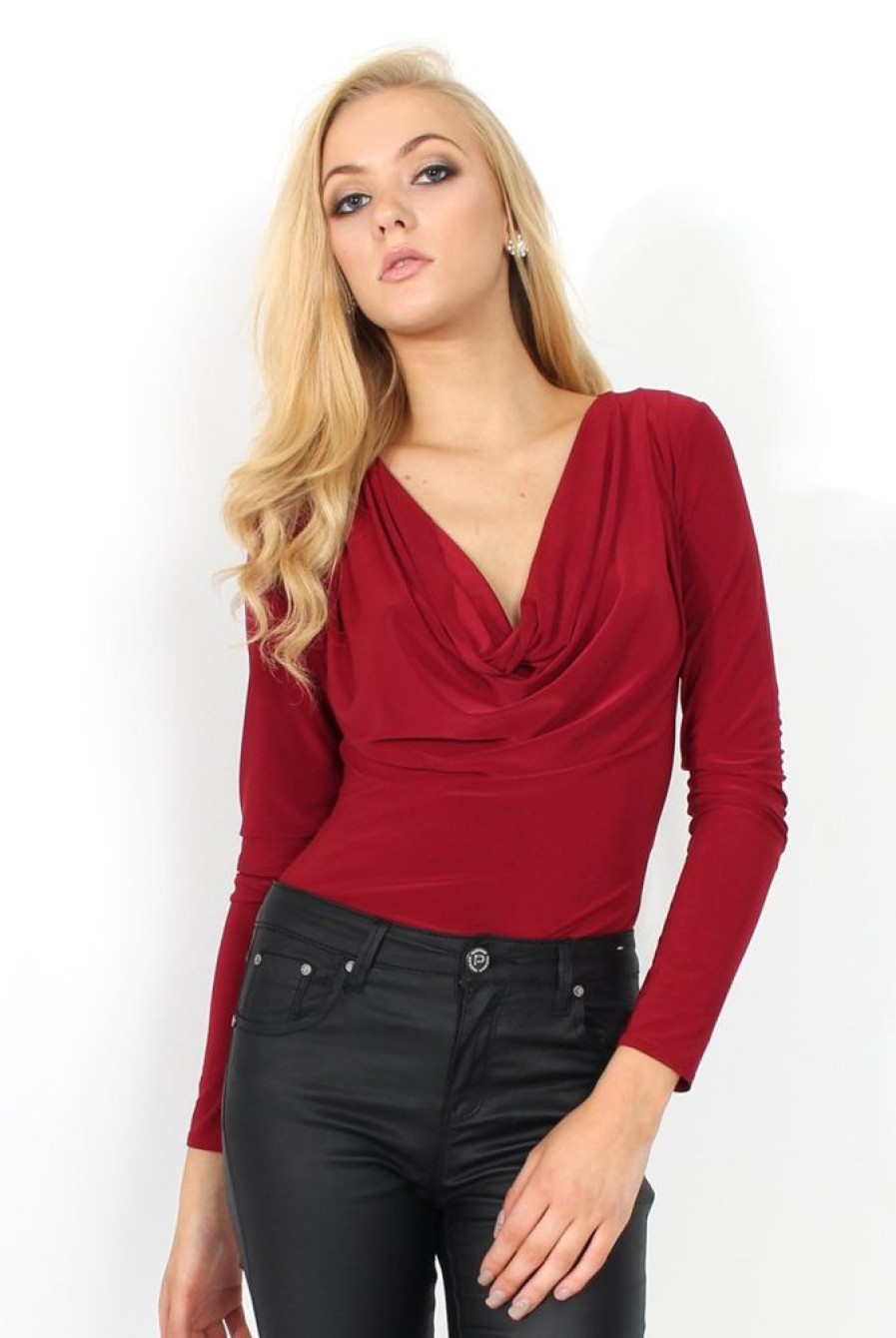 Clothing Rebellious Fashion | Gabriella Wine Cowl Neck Bodysuit