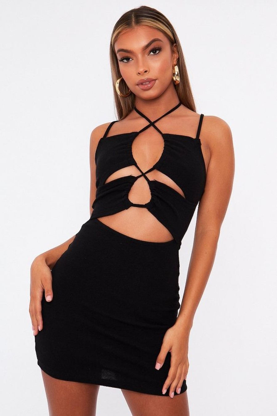 Clothing Rebellious Fashion | Black Front Cut Out Ribbed Mini Dress - Holy