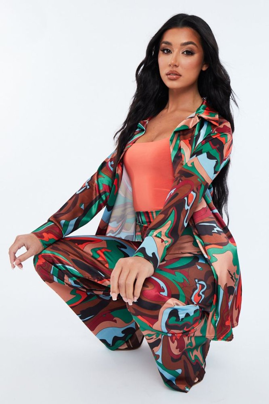 Clothing Rebellious Fashion | Multi Abstract Print Satin Shirt - Sabella