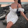 Clothing Rebellious Fashion | White Black Polka Ruched Centre Plunge Dress - Sameria