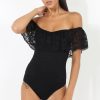 Clothing Rebellious Fashion | Black Lace Frill Bardot Bodysuit - Tonika