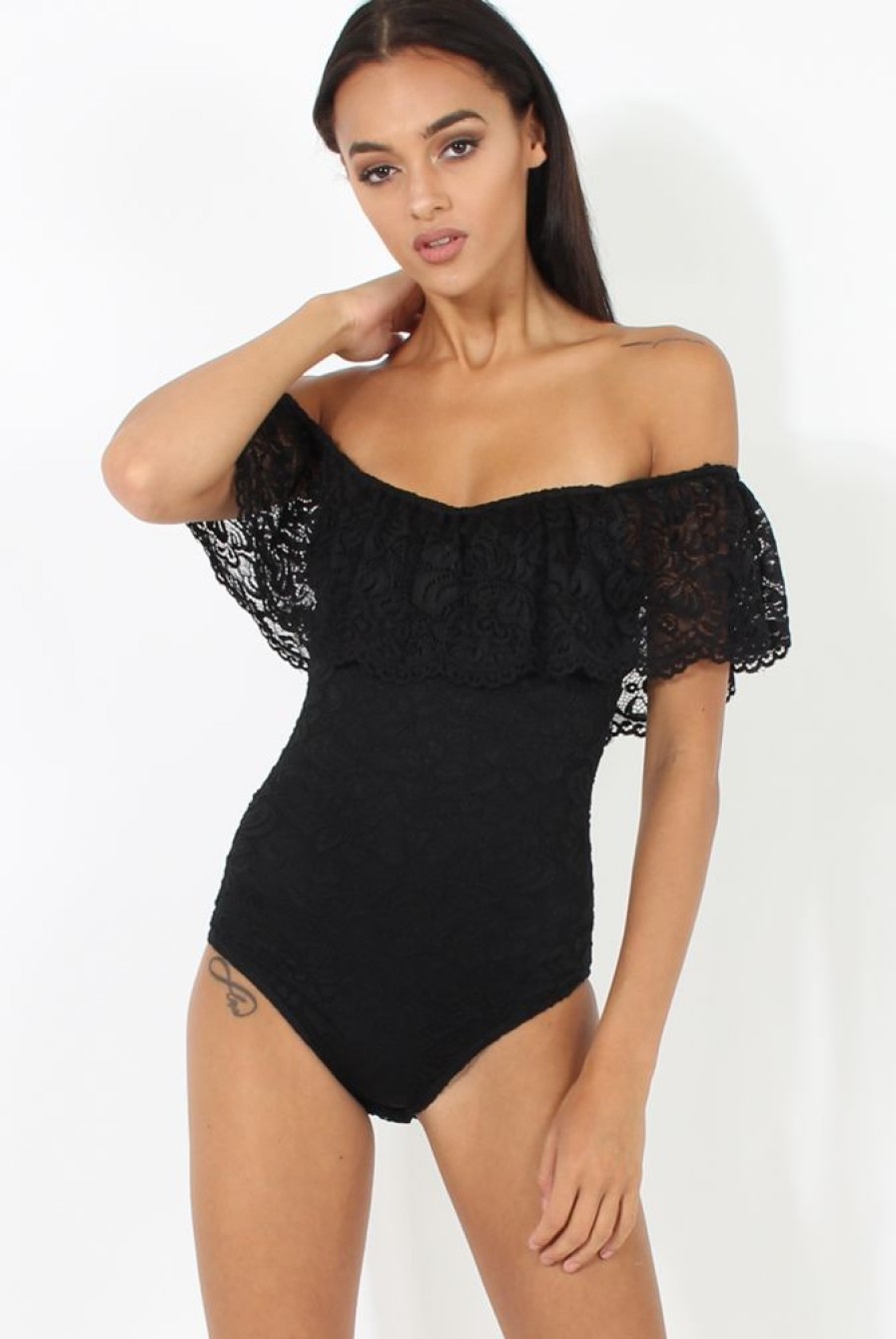 Clothing Rebellious Fashion | Black Lace Frill Bardot Bodysuit - Tonika