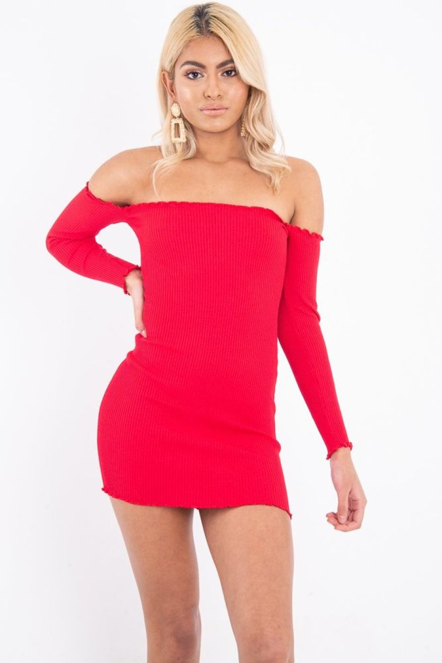 Clothing Rebellious Fashion | Red Bardot Lettuce Hem Rib Knit Mini Dress - Keysha