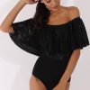 Clothing Rebellious Fashion | Black Metallic Pleated Bardot Bodysuit - Aubree