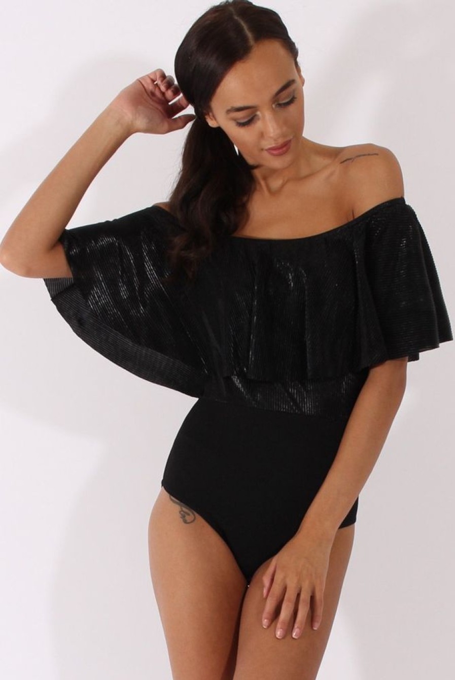 Clothing Rebellious Fashion | Black Metallic Pleated Bardot Bodysuit - Aubree