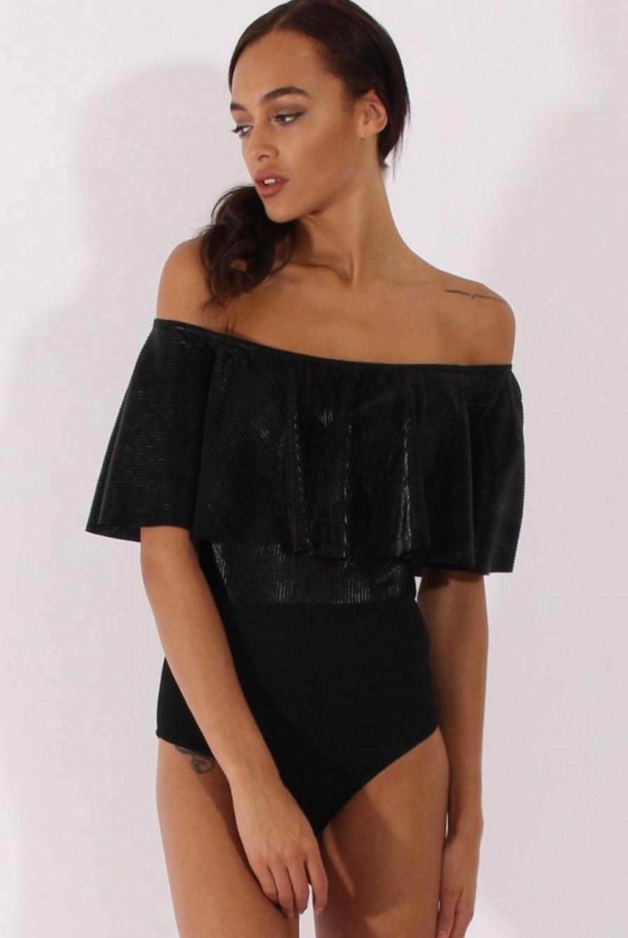 Clothing Rebellious Fashion | Black Metallic Pleated Bardot Bodysuit - Aubree