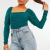 Clothing Rebellious Fashion | Teal Ruched Body Mesh Sleeve Bodysuit - Raeya