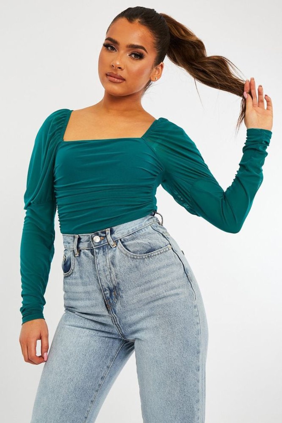 Clothing Rebellious Fashion | Teal Ruched Body Mesh Sleeve Bodysuit - Raeya