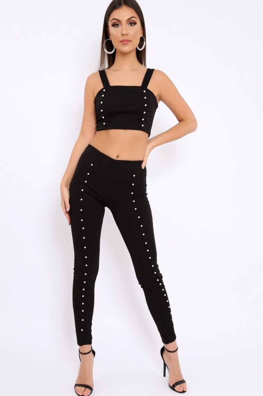 Clothing Rebellious Fashion | Black With Pearls Crop Top And Trousers Co-Ord - Meridith