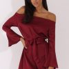 Clothing Rebellious Fashion | Red Silky Bardot Tie Waist Dress - Esther