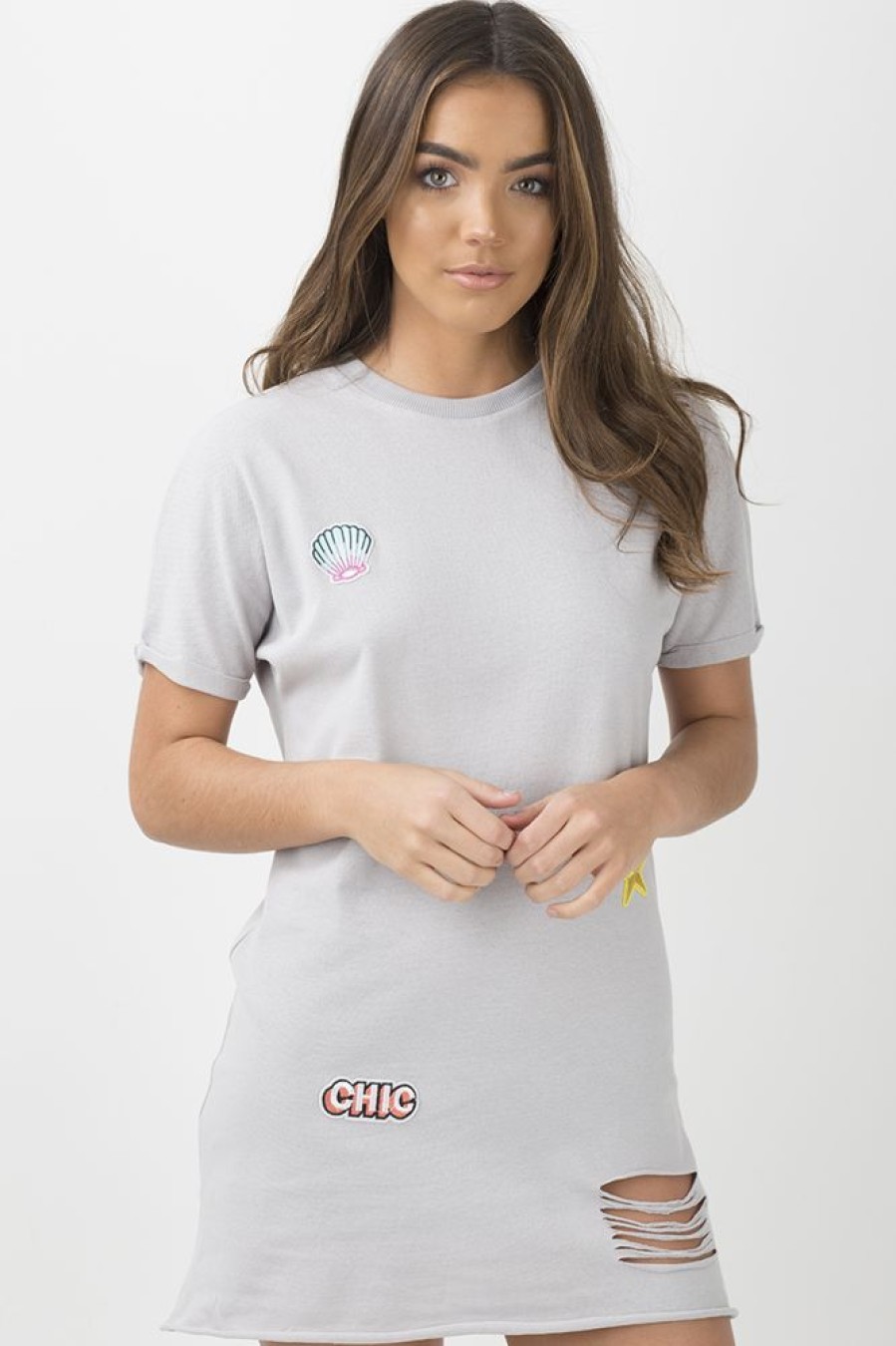 Clothing Rebellious Fashion | Grey Distressed Badge Detail T Shirt Dress - Kalani