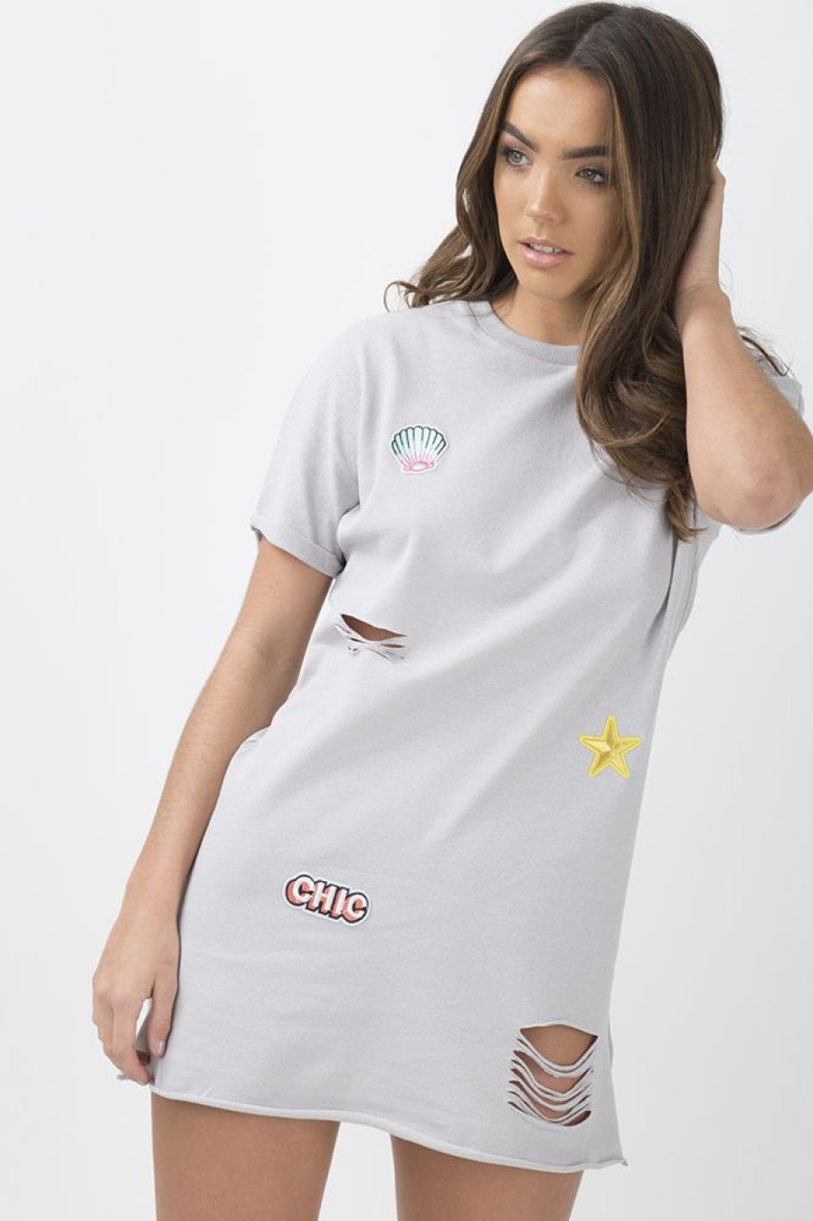 Clothing Rebellious Fashion | Grey Distressed Badge Detail T Shirt Dress - Kalani