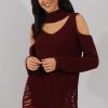 Clothing Rebellious Fashion | Red Knitted Cut Out Front Cold Shoulder Distressed Jumper Dress - Jamie