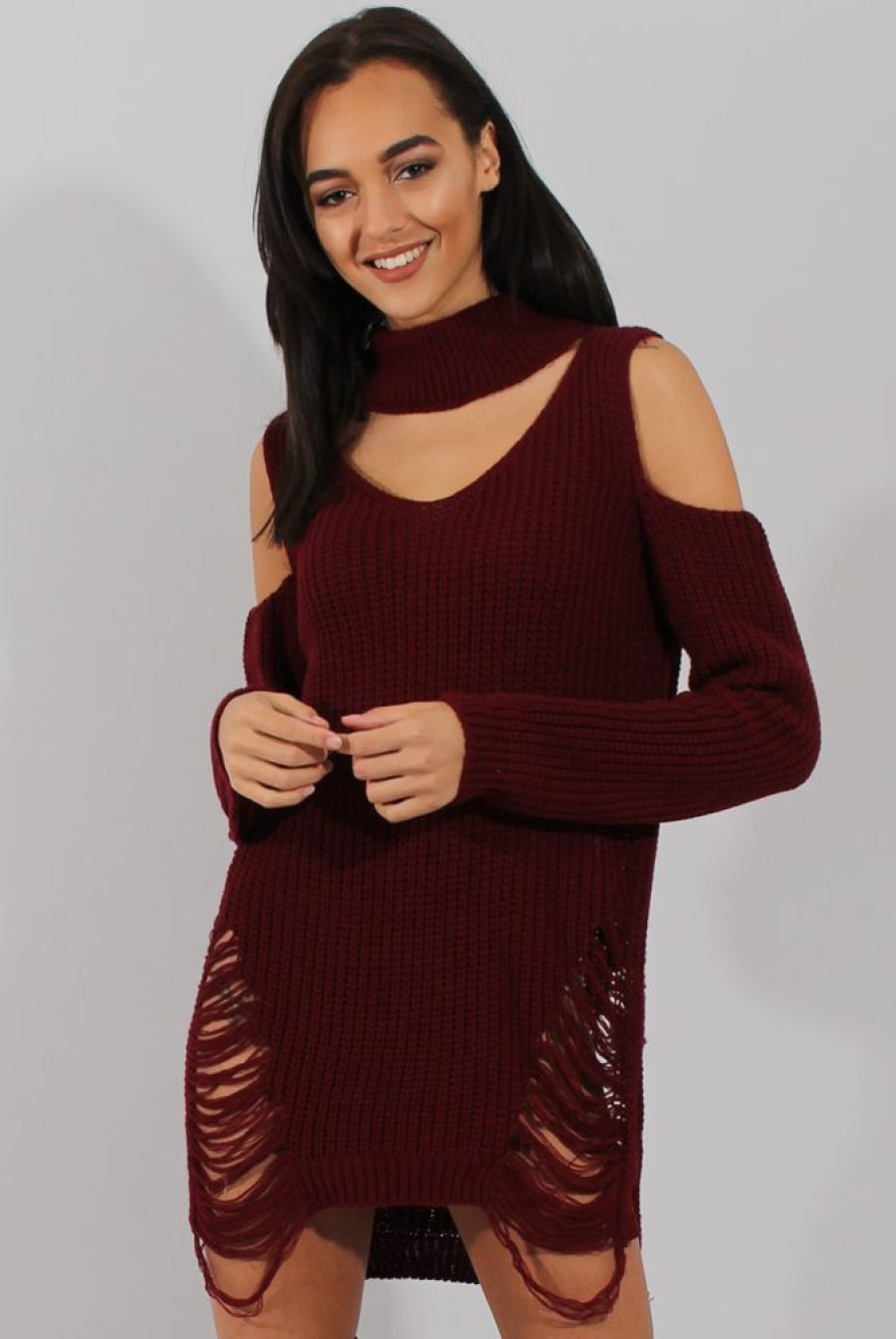 Clothing Rebellious Fashion | Red Knitted Cut Out Front Cold Shoulder Distressed Jumper Dress - Jamie