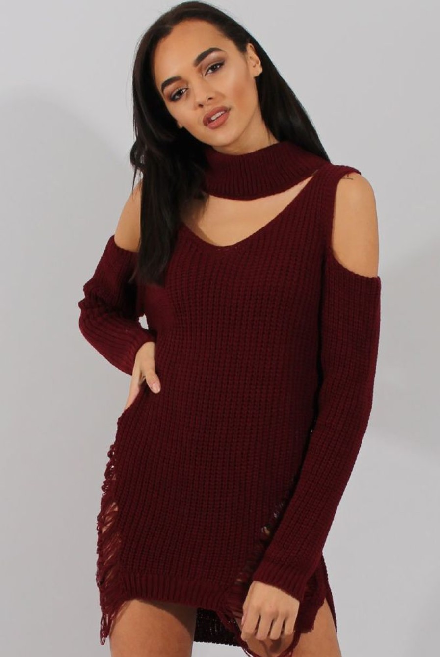 Clothing Rebellious Fashion | Red Knitted Cut Out Front Cold Shoulder Distressed Jumper Dress - Jamie