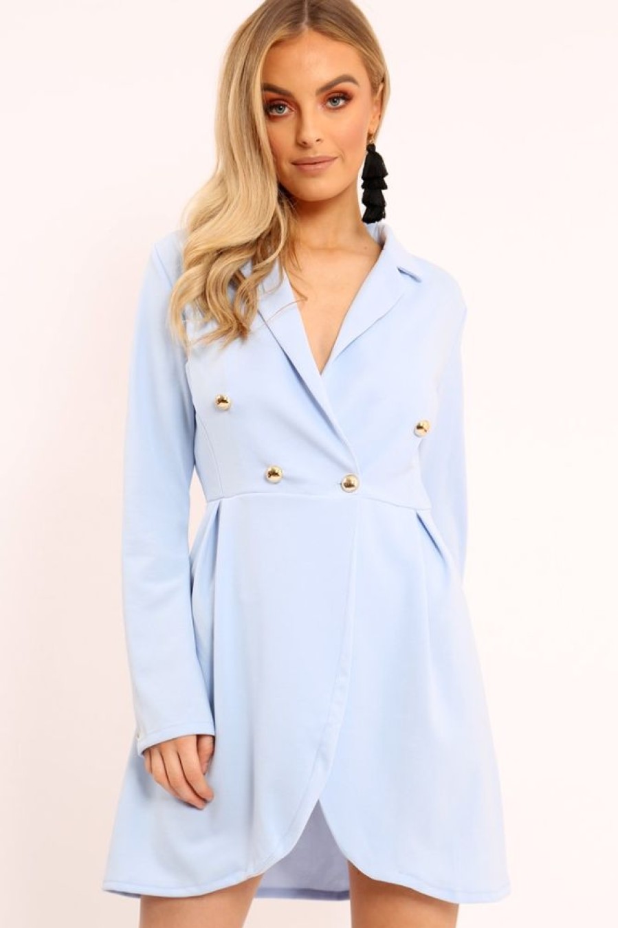 Clothing Rebellious Fashion | Baby Blue Button Detail Blazer Dress - Kayleigh