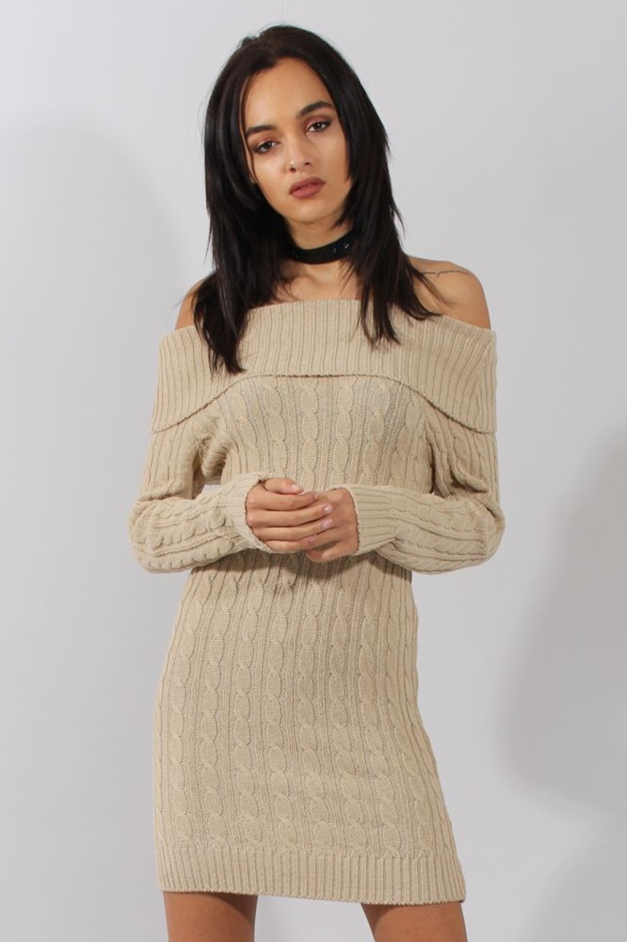 Clothing Rebellious Fashion | Beige Cable Knit Bardot Dress - Peeta