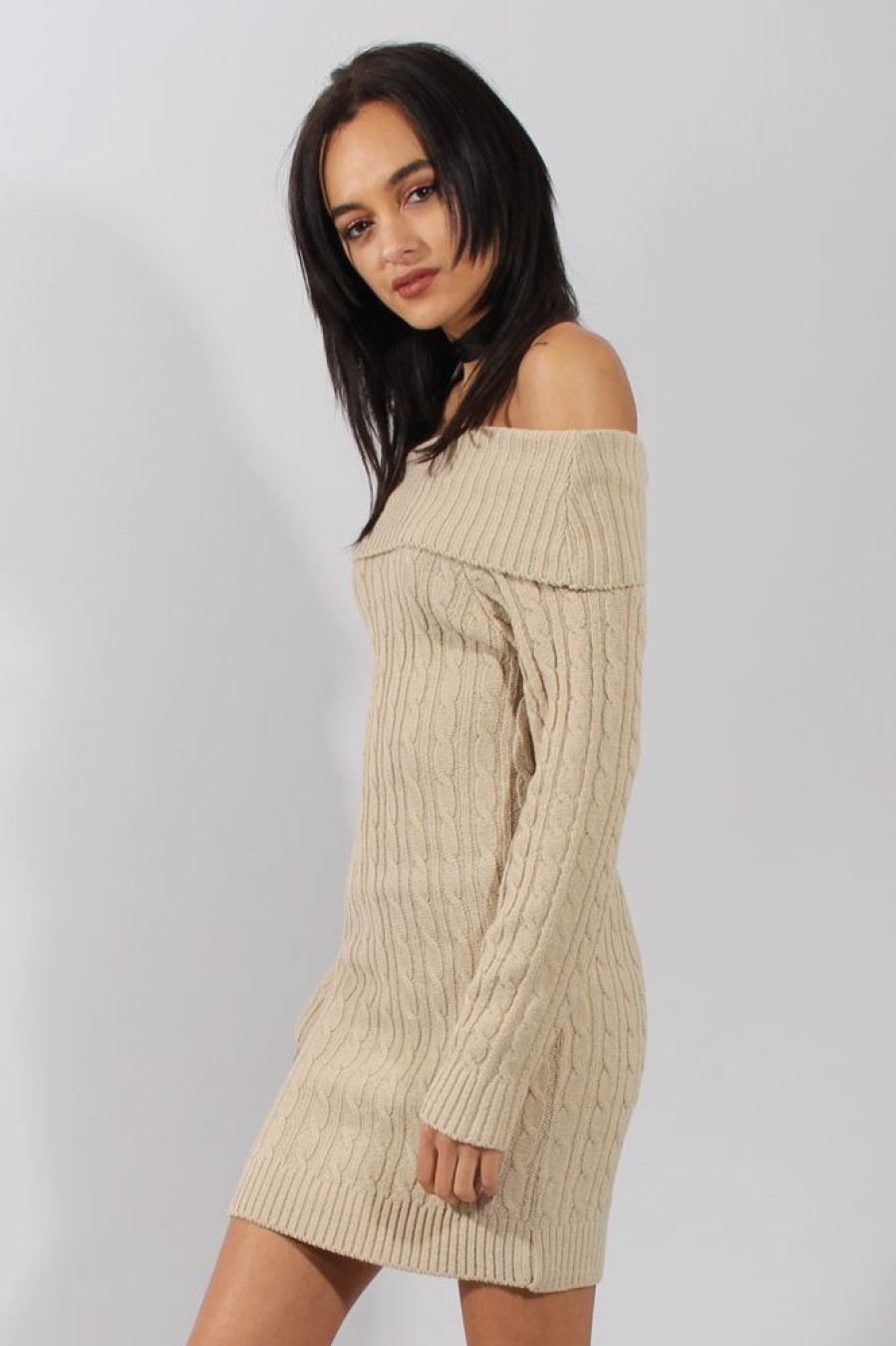 Clothing Rebellious Fashion | Beige Cable Knit Bardot Dress - Peeta