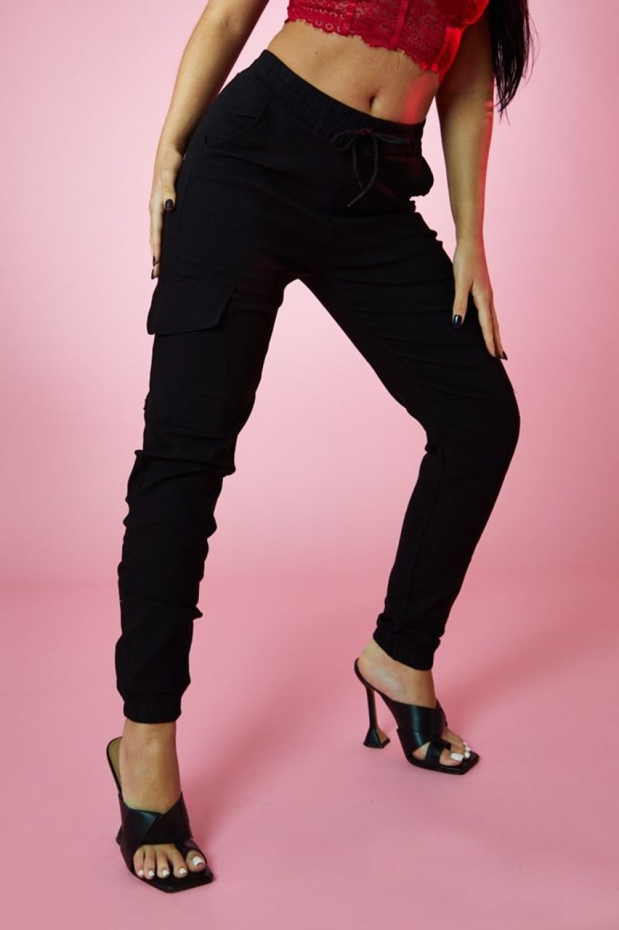 Clothing Rebellious Fashion | Black Cuffed Hem Cargo Trousers - Rain