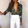 Clothing Rebellious Fashion | Green Floral Plunge Satin Bodysuit - Rebeka