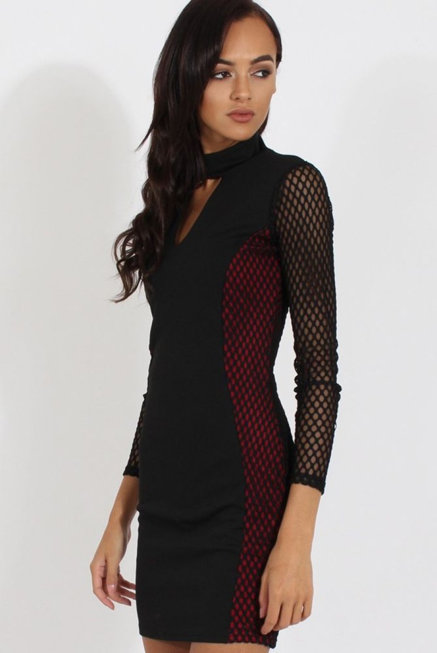 Clothing Rebellious Fashion | Black & Red Mesh Detail Cut Out Bodycon Dress - Derry