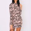 Clothing Rebellious Fashion | Nude Black Asymmetric Print High Neck Dress - Clydie