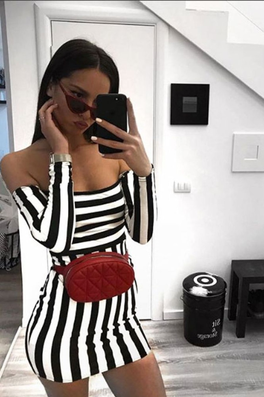 Clothing Rebellious Fashion | Black And White Stripe Bardot Bodycon Dress - Leidy