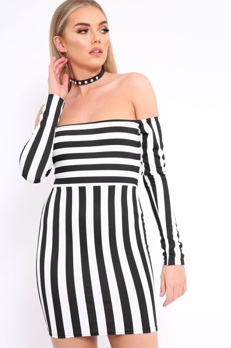 Clothing Rebellious Fashion | Black And White Stripe Bardot Bodycon Dress - Leidy