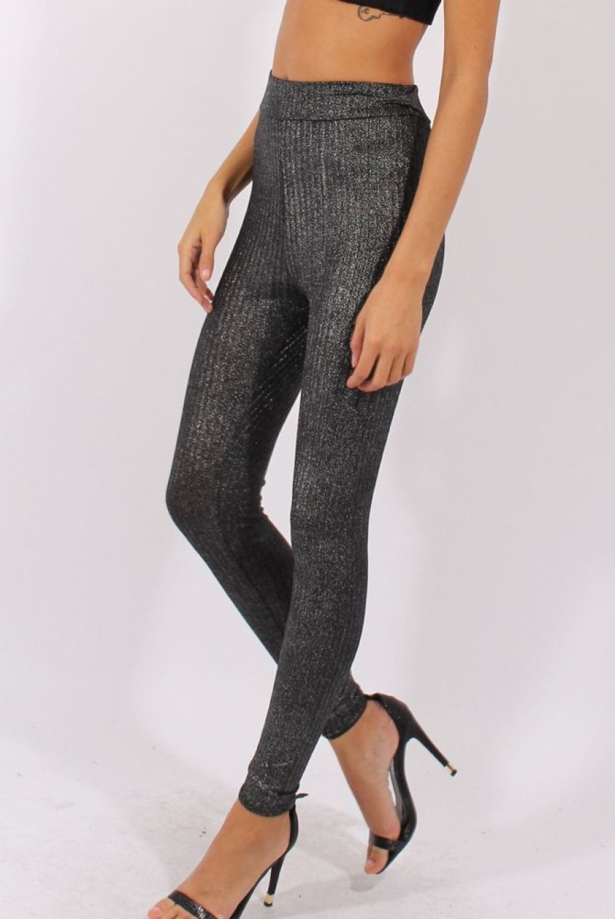 Clothing Rebellious Fashion | Gunmetal Grey Metallic Ribbed High Waisted Leggings - Yasmin