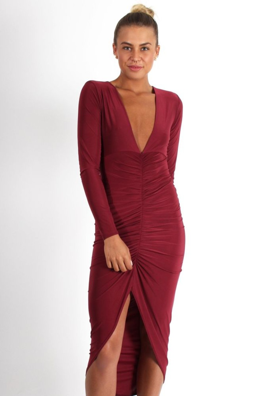 Clothing Rebellious Fashion | Kristen Wine Ruched Front Dress