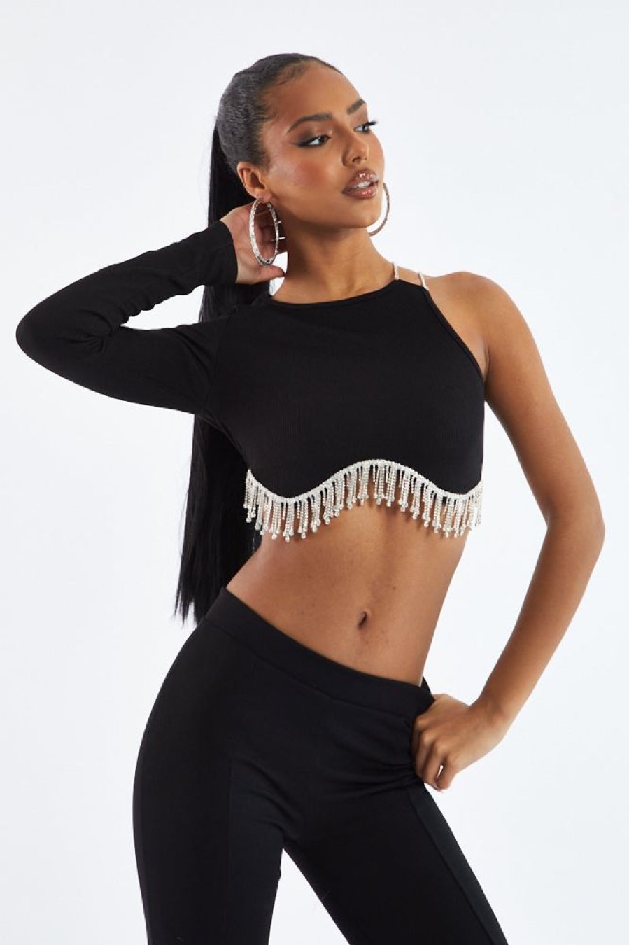 Clothing Rebellious Fashion | Black Rib Knit Diamante Detail One Sleeve Cropped Top - Aina