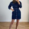 Clothing Rebellious Fashion | Dark Blue Long Sleeve Denim Mini Dress - Connie