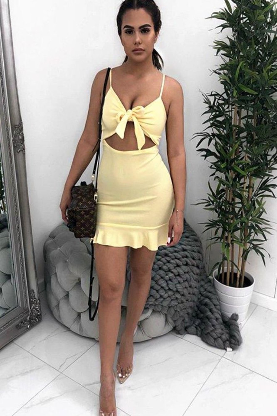 Clothing Rebellious Fashion | Lemon Tie Front Ruffle Hem Mini Dress - Darianna