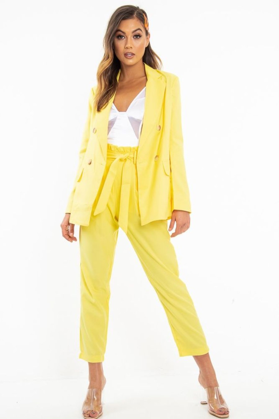 Clothing Rebellious Fashion | Yellow Button Front Blazer Belted Trousers Suit Co-Ord - Millie