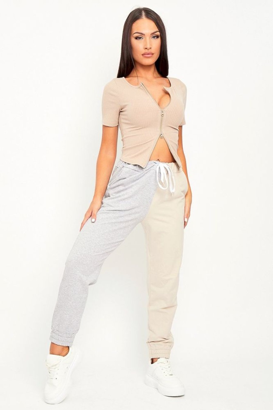 Clothing Rebellious Fashion | Beige Half Grey Elasticated Waist Joggers - Dasha