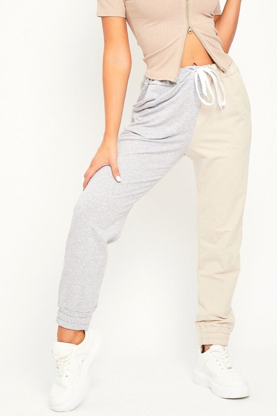 Clothing Rebellious Fashion | Beige Half Grey Elasticated Waist Joggers - Dasha