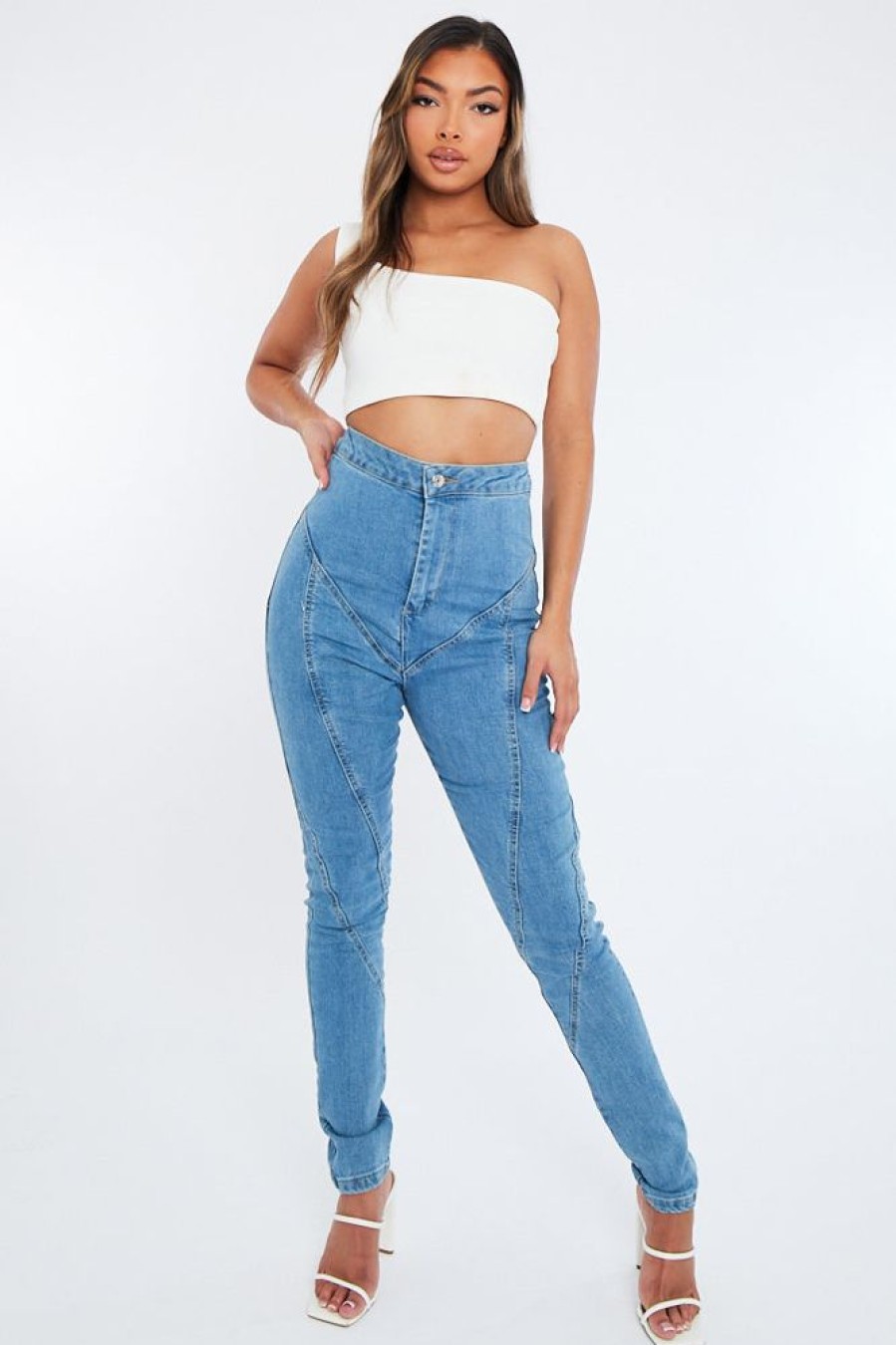 Clothing Rebellious Fashion | Mid Blue Contour Seam Skinny Jeans - Emma