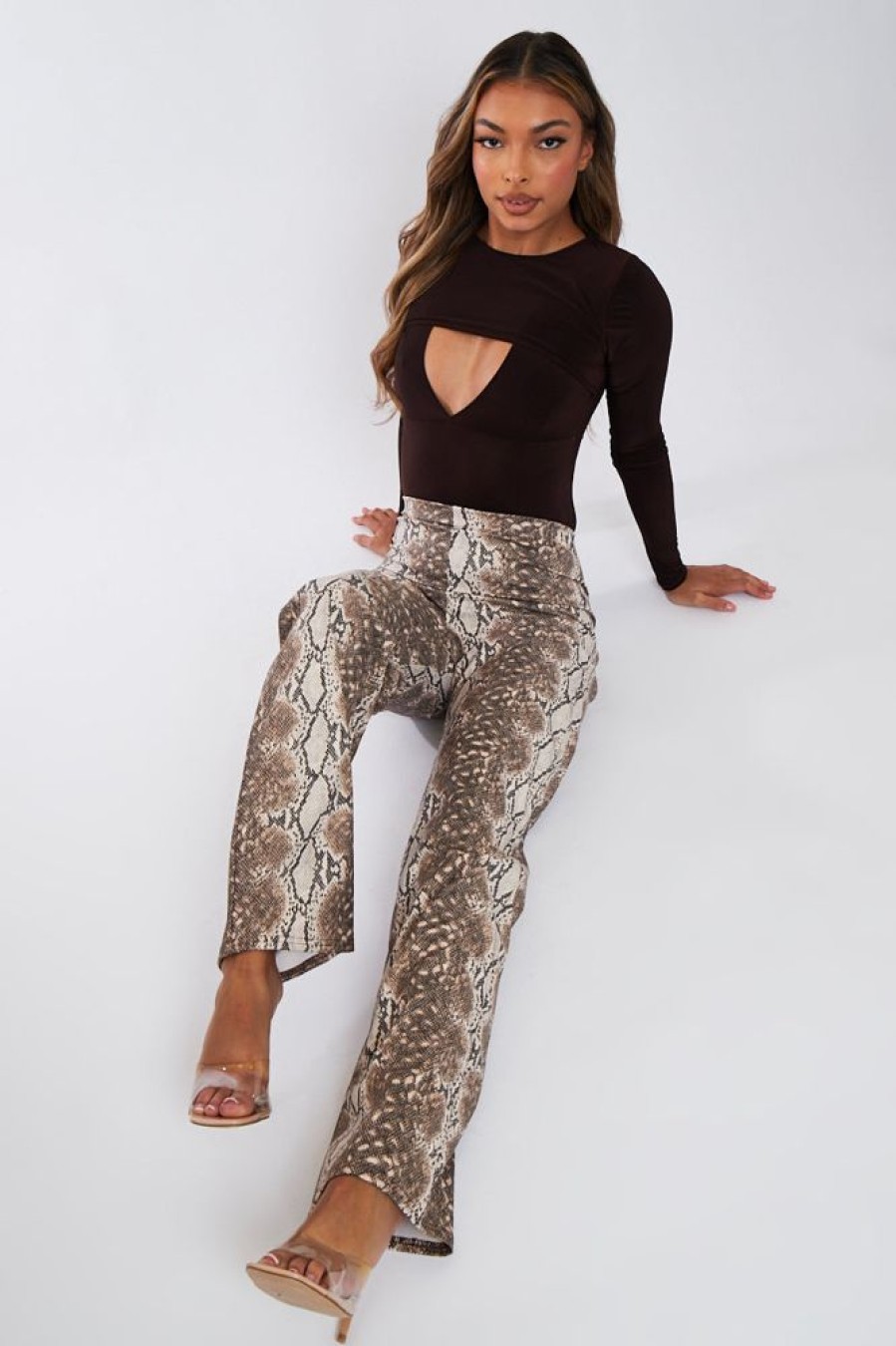 Clothing Rebellious Fashion | Beige Pu Snake Print Leather Straight Leg Trousers - Jodie