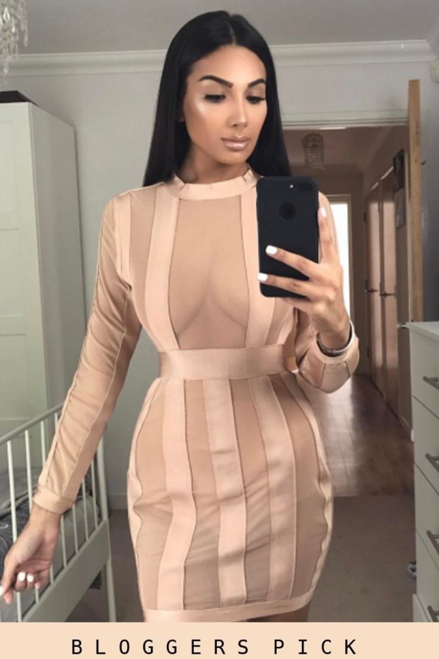 Clothing Rebellious Fashion | Camel Mesh Panel Striped Bandage Bodycon Dress - Clara