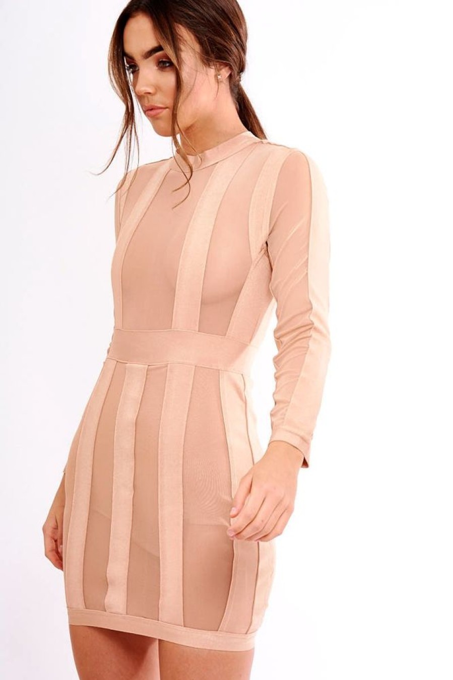 Clothing Rebellious Fashion | Camel Mesh Panel Striped Bandage Bodycon Dress - Clara