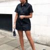 Clothing Rebellious Fashion | Black Faux Leather Button Up Shirt Dress - Alba